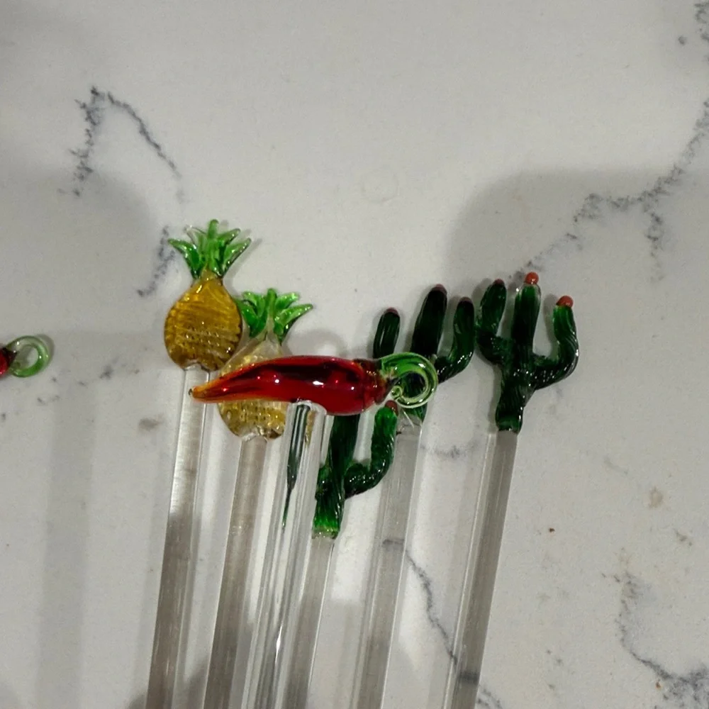 ☀️🏝️ Glass Stirrers Set - Chili, Pineapple, Cactus Designs - Tropical